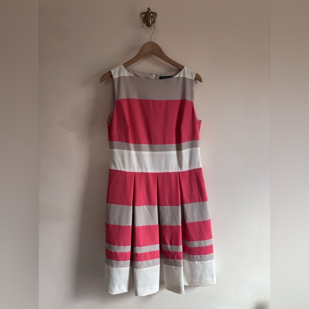 Lauren Ralph Lauren Pink, White & Light Gray‎ Striped Fit-and-Flare Dress